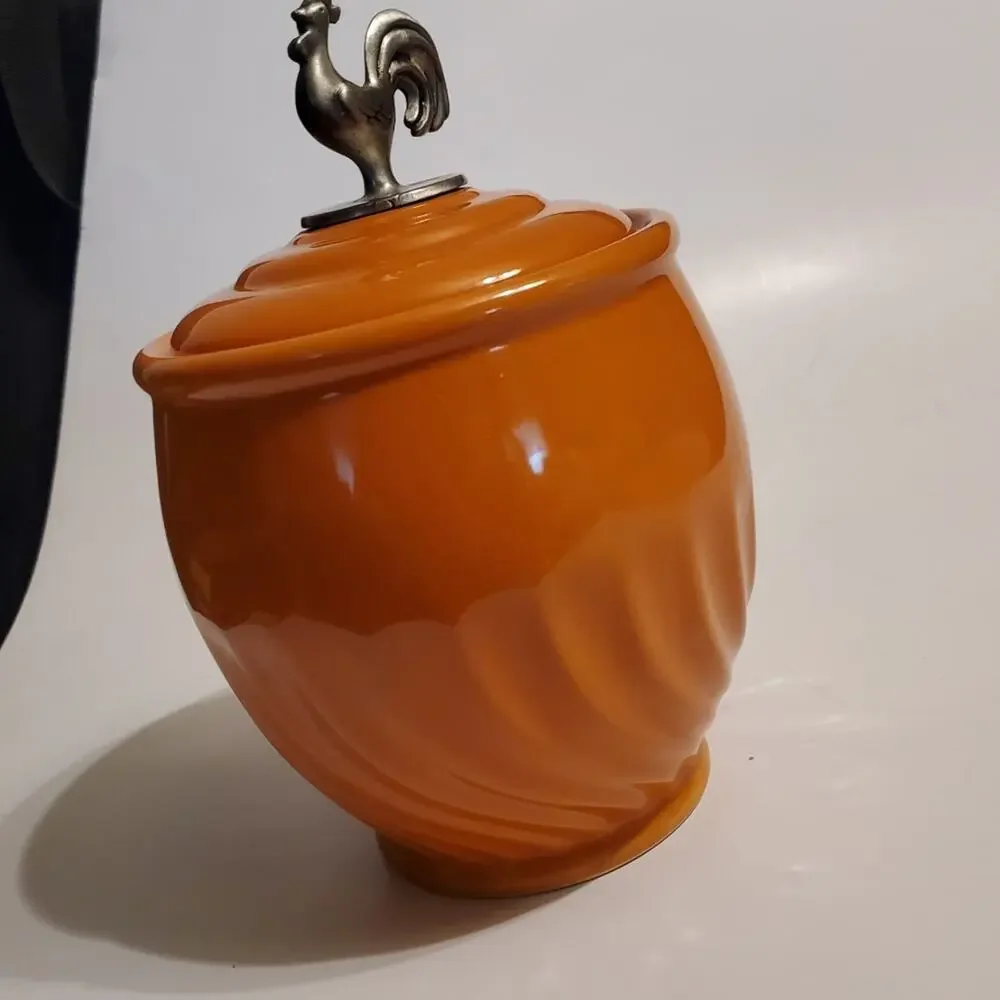 Lillian Vernon Orange Rooster handled lidded storage canister for kitchen 5.5